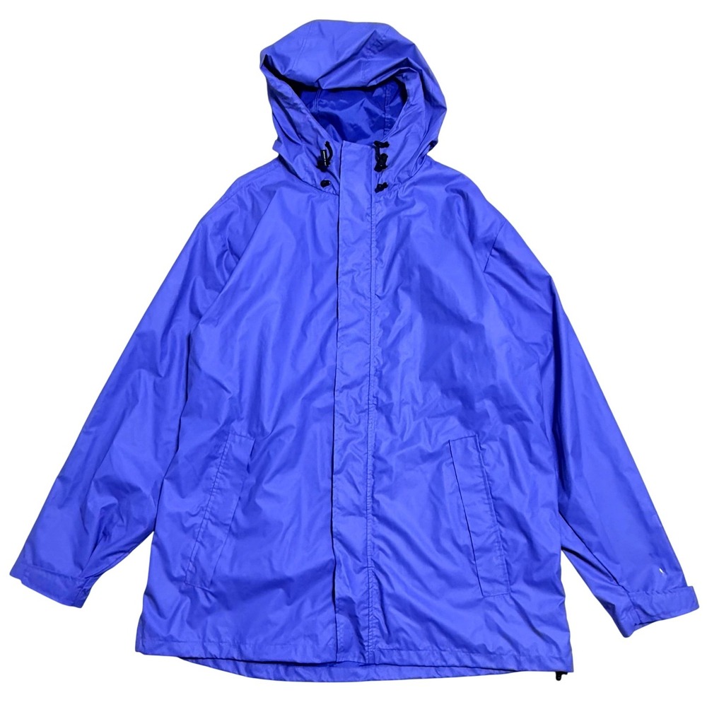 Lands' End Jacket Mens Large Blue Hooded PVC Rain Coat Mesh Lined Zip Waterproof